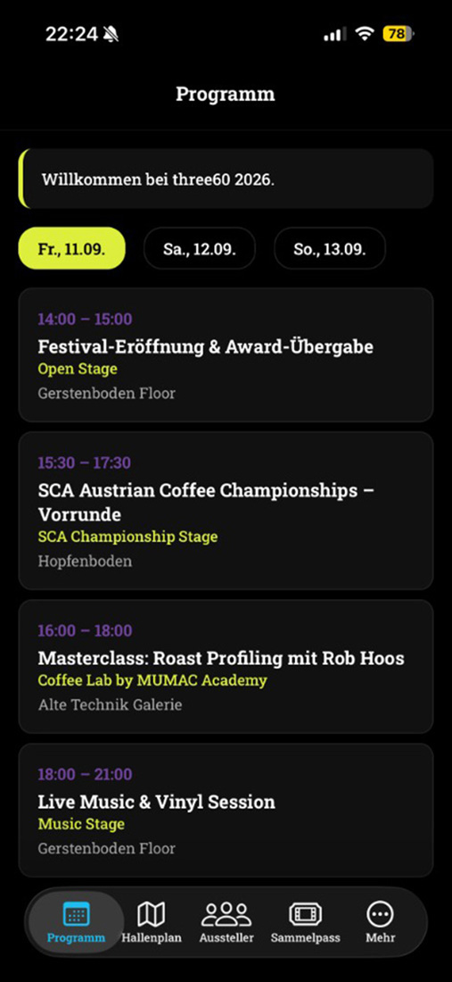 Screenshot der three60 App: Programm-Übersicht mit Tagesplan und Stages