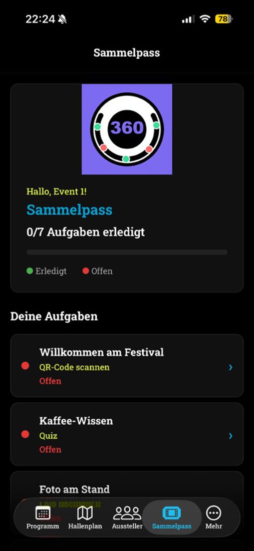 Screenshot: three60 Sammelpass mit Aufgaben und Fortschritt